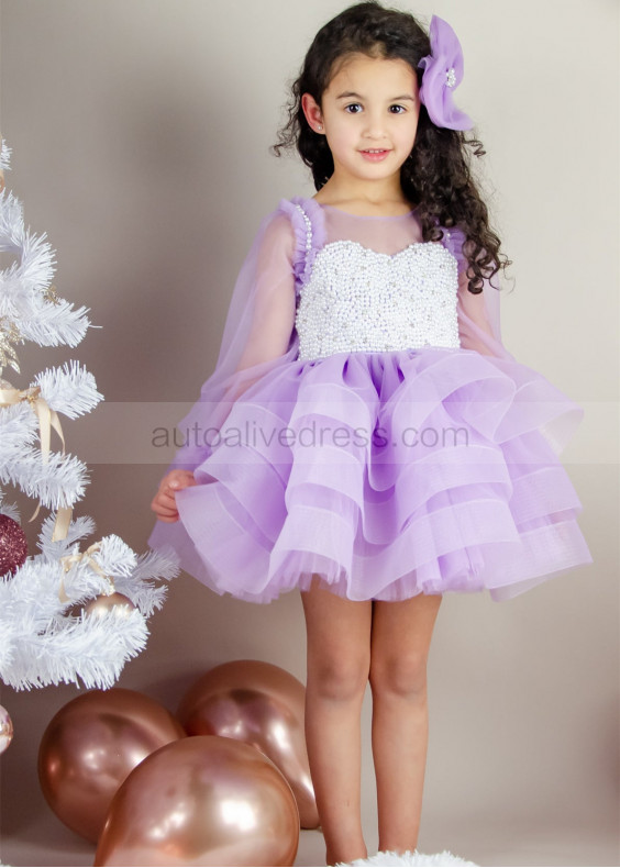 Lilac Tulle Pearls Beaded Short Flower Girl Dress